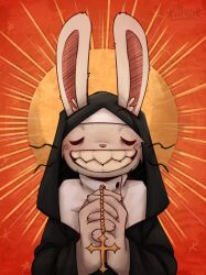  4_fingers anthro blush blush_lines closed_eyes clothed clothing cross cross_necklace eldimkas facial_tuft fingers fur hi_res inner_ear_fluff jewelry lagomorph leporid male mammal max_(sam_and_max) necklace nun_habit nun_outfit praying rabbit religious_clothing sam_and_max sharp_teeth simple_background smile solo teeth tuft white_body 