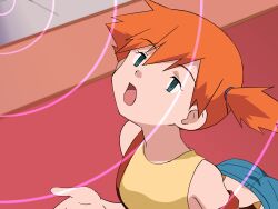  :o absurdres aqua_shorts arched_back commentary_request empty_eyes eyelashes female green_eyes hair_between_eyes half-closed_eyes hand_up highres hitsugi_mc indoors kasumi_(pokemon) looking_up mind_control open_mouth orange_hair pokemon pokemon_(anime) pokemon_(classic_anime) shirt shorts side_ponytail sleeveless sleeveless_shirt solo suspenders suspenders_slip tongue yellow_shirt 