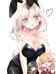  3girls :d :p ^_^ absurdres alternate_costume anger_vein animal_ear_hairband animal_ears bare_shoulders black_hair black_hairband black_leotard black_pantyhose blue_eyes blunt_bangs blunt_ends blush blush_stickers bob_cut breasts ceras_yanagida_lilienfeld chibi chibi_inset cleavage closed_eyes closed_mouth commentary cowboy_shot english_text fake_animal_ears fake_tail fingerprint grey_hair hair_ornament hair_ribbon hairband heart highres hinoshita_kaho large_breasts leaning_forward leotard link!_like!_love_live! long_hair looking_at_viewer love_live! medium_hair momose_ginko multiple_girls open_mouth orange_hair pantyhose parted_bangs pink_ribbon playboy_bunny rabbit_ear_hairband rabbit_ears rabbit_hair_ornament rabbit_tail ribbon ririn_(ririn_501) short_hair simple_background smile strapless strapless_leotard tail thumbs_up tongue tongue_out twitter_username v-shaped_eyebrows virtual_youtuber wavy_hair white_background 