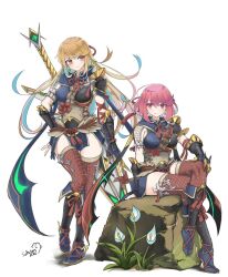  2girls armor black_armor black_dress blonde_hair bob_cut breasts crossed_legs dress fishnet_thighhighs fishnets full_body highres kamura_(armor) large_breasts long_hair monster_hunter_(series) multiple_girls mythra_(xenoblade) pyra_(xenoblade) red_eyes red_hair red_thighhighs sandals short_hair signature simple_background single_bare_shoulder sitting sofusan1526 sword sword_on_back thighhighs weapon weapon_on_back white_background xenoblade_chronicles_(series) xenoblade_chronicles_2 yellow_eyes 
