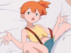  1boy :o absurdres backpack bag bed_sheet collarbone commentary_request cropped_shirt empty_eyes female green_eyes half-closed_eyes hand_on_another&#039;s_leg hands_up head_tilt highres hitsugi_mc kasumi_(pokemon) lying mind_control navel no_pupils on_back one_side_up open_mouth orange_hair pokemon pokemon_(anime) pokemon_(classic_anime) shirt shorts spread_fingers spread_legs straight suspenders suspenders_slip tongue w_arms yellow_shirt 