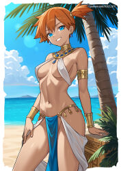  artist_name beach blue_eyes blue_sky bracelet breasts cloud cowboy_shot dancer day earrings female gold gold_armlet grin harem_outfit high_side_ponytail highres jewelry kasumi_(pokemon) looking_at_viewer navel neck_ring no_panties ocean orange_hair outdoors palm_tree patreon_username pelvic_curtain pokemon pokemon_(anime) redjet sky small_breasts smile stomach thighs tree web_address 