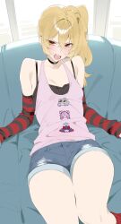  absurdres ahoge angels_of_delusion_kfc_bag aria_(human)_(zenless_zone_zero) aria_(zenless_zone_zero) bare_shoulders black_collar blonde_hair breasts byeon_dha camisole camisole_over_clothes character_print collar commentary crossed_bangs detached_sleeves female hair_between_eyes highres indoors long_hair looking_at_viewer luciana_de_montefio nangong_yu open_mouth orange_eyes pink_camisole shorts side_ponytail sidelocks small_breasts solo sunna_(zenless_zone_zero) teeth zenless_zone_zero 