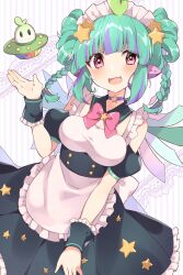  absurdres apron aqua_hair black_collar black_dress black_wrist_cuffs bow braid breasts choker cleavage collar commentary_request detached_collar dress female hair_ornament highres indie_virtual_youtuber looking_at_viewer maid maid_apron maid_headdress medium_breasts multicolored_hair nghbr oerba_yun_fang open_mouth piapi_ufo piapi_ufo_(pia_1.0) pink_bow purple_streaks skin_fang slime_on_head solo star_(symbol) star_choker star_hair_ornament streaked_hair twin_braids ufo virtual_youtuber wings wrist_cuffs 