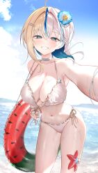  beach bikini blonde_hair blue_flower blue_streaks breasts choker cleavage collarbone commentary commission female flower green_eyes hair_between_eyes hair_flower hair_ornament hairclip highres hoshiyori_(vtuber) indie_virtual_youtuber innertube kumo_tabetai looking_at_viewer medium_hair multicolored_hair multiple_hairclips navel ocean outdoors parallel_hairclips solo starfish streaked_hair swim_ring swimsuit teeth virtual_youtuber water white_bikini white_choker 