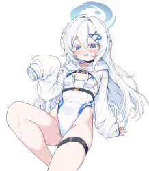  alternate_costume black_choker blue_archive blue_eyes blue_halo blush breasts choker colored_eyelashes commentary cosplay covered_navel dolphin_hair_ornament female green_eyes hair_between_eyes hair_intakes hair_ornament halo highleg highleg_one-piece_swimsuit highres hooded_shrug kotone_(blue_archive) kotone_(blue_archive)_(cosplay) long_hair long_single_sidelock looking_at_viewer metaljelly multicolored_eyes multicolored_one-piece_swimsuit one-piece_swimsuit orca_hair_ornament peanut_mouth sayuri_(blue_archive) shrug_(clothing) simple_background sitting sleeves_past_fingers sleeves_past_wrists small_breasts solo strap sweat swimsuit thigh_strap untranslatable_commentary white_background white_eyelashes white_hair white_one-piece_swimsuit white_shrug x_hair_ornament 