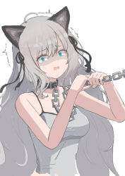  absurdres ahoge animal_ears arknights black_collar black_ribbon blue_eyes cat_ears cat_girl chains collar commentary_request crying crying_with_eyes_open female grey_shirt hair_ribbon highres leash leash_pull long_hair looking_at_viewer mint_(arknights) noma4949 ribbon shaded_face shirt simple_background solo spaghetti_strap tank_top tears trembling upper_body very_long_hair white_background 