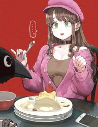  ... belt_buckle belt_collar bird black_bird black_bra black_collar black_pantyhose blue_skirt bowl bra bra_strap breasts brown_hair brown_tank_top buckle buttons cake cake_slice cardigan cardigan_pull cellphone chair cleavage collar collarbone cowboy_shot crow diamond-shaped_earrings earclip earrings eating eyelashes female fingernails food fork fruit glass_table glutton green_eyes hands_up hat heart highres holding holding_fork jewelry jun_(navigavi) long_hair long_sleeves looking_at_animal medium_breasts nervous nervous_sweating newsboy_cap nose on_chair open_mouth original pantyhose partially_unbuttoned phone pink_cardigan pink_hat pinky_out plate plate_stack red_background shirt sidelocks simple_background sitting skirt smartphone solo speech_bubble spoken_ellipsis strawberry stud_earrings sweat sweatdrop sweater table tank_top taut_clothes taut_shirt triangle_mouth underwear 