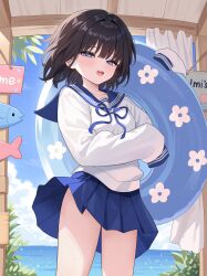  absurdres arme_(cgsy7484) black_hair blue_eyes blue_sailor_collar blue_skirt blue_sky cloud collarbone commentary commission cowboy_shot curtains day fangs female half-closed_eyes highres holding holding_swim_ring innertube korean_commentary light_blush long_sleeves looking_at_viewer miniskirt neck_ribbon ocean open_mouth original plant pleated_skirt ribbon sailor_collar school_uniform serafuku shirt short_hair skirt sky sleeves_past_fingers sleeves_past_wrists smile solo swim_ring teeth upper_teeth_only white_shirt 
