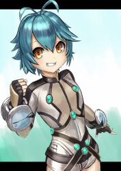  absurdres antenna_hair blue_hair commentary_request double-parted_bangs eiyuu_densetsu female fingerless_gloves gloves gritter4asterisk highres jumpsuit lolidom looking_at_viewer millium_orion sen_no_kiseki_(series) sen_no_kiseki_i short_hair simple_background smile white_jumpsuit yellow_eyes 