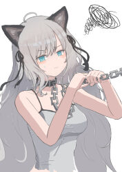  absurdres ahoge animal_ears arknights black_collar black_ribbon blue_eyes blush cat_ears cat_girl chains collar commentary_request female grey_shirt hair_ribbon highres leash leash_pull long_hair looking_at_viewer mint_(arknights) nervous_sweating noma4949 ribbon shirt simple_background solo spaghetti_strap squiggle sweat sweatdrop tank_top upper_body v-shaped_eyebrows very_long_hair wavy_mouth white_background 