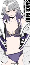  absurdres artist_name bambi_surprise bare_shoulders black_shoes bra breasts closed_mouth cowboy_shot english_commentary english_text female gradient_hair grey_hair highres jacket long_hair looking_at_viewer medium_breasts multicolored_hair multicolored_shoes navel nike_(company) original panties purple_bra purple_eyes purple_hair purple_panties purple_shoes shoes simple_background sleeves_past_fingers sleeves_past_wrists smile sneakers solo stomach symbol_in_eye two-tone_hair underwear unworn_shoes white_background white_jacket white_shoes 