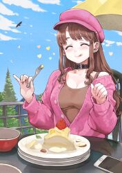  belt_buckle belt_collar bird black_bra black_collar black_pantyhose blue_skirt blue_sky blurry blurry_background blush bowl bra bra_strap breasts brown_hair brown_tank_top buckle buttons cake cake_slice cardigan cardigan_pull cellphone chair cleavage closed_eyes closed_mouth cloud cloudy_sky collar collarbone commentary cowboy_shot day diamond-shaped_earrings earclip earrings eating eyelashes facing_to_the_side female fingernails food fork fruit glass_table glutton hands_up hat heart highres holding holding_fork jewelry jun_(navigavi) licking_lips long_hair long_sleeves medium_breasts newsboy_cap nose on_chair original outdoors pantyhose partially_unbuttoned phone pink_cardigan pink_hat pinky_out plate plate_stack railing shirt sidelocks sitting skirt sky smartphone smile solo strawberry stud_earrings sweater table tank_top taut_clothes taut_shirt tongue tongue_out tree umbrella underwear yellow_umbrella 