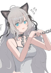  @_@ absurdres ahoge animal_ears arknights black_collar black_ribbon blue_eyes cat_ears cat_girl chains collar commentary_request crying crying_with_eyes_open female flying_sweatdrops grey_shirt hair_ribbon highres leash leash_pull long_hair looking_at_viewer mint_(arknights) noma4949 open_mouth raised_inner_eyebrows ribbon shirt simple_background solo spaghetti_strap tank_top tearing_up tears upper_body very_long_hair wavy_mouth white_background 
