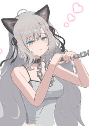  absurdres ahoge animal_ears arknights black_collar black_ribbon blue_eyes blush breasts cat_ears cat_girl chains collar commentary_request female grey_shirt hair_ribbon heart highres leash leash_pull long_hair looking_at_viewer mint_(arknights) noma4949 ribbon shirt simple_background smile solo spaghetti_strap sweatdrop tank_top upper_body very_long_hair white_background 