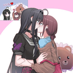  2girls ahoge animal_costume artist_request awa_subaru bear_costume black_collar black_hair black_sailor_collar black_shirt blue_eyes blue_shirt blush brown_hair collar commentary_request commission eye_contact girls_band_cry grey_neckerchief hair_intakes highres iseri_nina kissing long_hair looking_at_another multiple_girls neckerchief purple_eyes sailor_collar second-party_source shirt short_twintails twintails yuri 