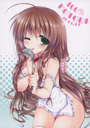  2013 ;p absurdres ahoge alternate_hairstyle apron bare_shoulders blush breasts brown_hair character_name cleavage clenched_hands closed_mouth collarbone colored_eyelashes comiket_85 cover cover_page cowboy_shot dated doujin_cover eyes_visible_through_hair female flower frilled_apron frills green_eyes groin hair_between_eyes hair_flower hair_ornament hair_over_shoulder hands_up highres holding holding_ladle huge_ahoge kanbe_kotori ladle long_hair looking_at_viewer low_twintails medium_breasts naked_apron neck_ribbon one_eye_closed pink_flower polka_dot polka_dot_background red_ribbon rewrite ribbon saliva scan shiny_skin shira_ichigo_(ichigohou) sidelocks simple_background smile solo strap_slip thighhighs thighs tongue tongue_out twintails very_long_hair white_apron white_background white_thighhighs 