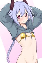  1other alternate_costume annoyed arms_behind_head bikini black_horns blue_hair blush border braid clenched_teeth collarbone commentary_request cropped_hoodie demon_horns double-parted_bangs drawstring gold_bikini grey_hoodie hair_between_eyes hair_flaps highres hood hood_down hoodie horns long_hair long_sleeves looking_at_viewer meika_mikoto navel nose_blush other_focus out-of-frame_censoring outside_border pink_background pink_eyes puffy_long_sleeves puffy_sleeves sena_kizahashi simple_background single_braid skinny solo standing swimsuit teeth upper_body v-shaped_eyebrows very_long_hair vocaloid white_border 