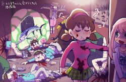  2girls 6+boys angry antenna_hair aoki_(fumomo) aqua_eyes ass belt black_belt blonde_hair blood blood_on_clothes blood_on_face blue_bow blue_bowtie blue_cardigan blue_dress blue_jacket blunt_bangs bow bowtie briefs brothers brown_hair brown_shoes business_suit cardigan character_request clenched_hand closed_eyes closed_mouth couch dress dress_pants dress_shoes eyelashes fish frilled_jacket frills green_skirt grey_pants hairband hairbow hand_fan hands_on_lap hanging heart heart_in_mouth holding holding_fan jacket jewelry light_blush long_dress long_sleeves looking_at_another low_twintails male_underwear matsuno_choromatsu matsuno_ichimatsu matsuno_jyushimatsu matsuno_karamatsu matsuno_osomatsu matsuno_todomatsu miniskirt multiple_boys multiple_girls necklace no_pupils oerba_yun_fang official_alternate_costume open_mouth osomatsu-san osomatsu_(series) pants pants_around_ankles pink_hairband pink_shirt plaid_clothes plaid_skirt pleated_skirt pool_of_blood pout puff_of_air raised_inner_eyebrows scared sextuplets shirt shoes short_hair short_twintails siblings single_stripe skirt smile socks striped_bow striped_bowtie striped_clothes suit sweatdrop swordfish table teeth torn_clothes torn_jacket torn_pants translation_request turn_pale turtleneck turtleneck_shirt twintails underwear v-shaped_eyebrows white_male_underwear white_socks yellow_bow yowai_totoko 