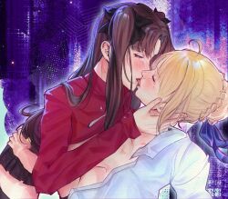  2girls ahoge artoria_pendragon_(fate) black_ribbon black_skirt blonde_hair blue_eyes blue_ribbon blush braid braided_bun brown_hair closed_eyes closed_mouth collar commentary english_commentary fate_(series) french_kiss hair_bun hair_ribbon half-closed_eyes hand_on_another&#039;s_face hand_on_another&#039;s_waist highres kissing looking_at_another multiple_girls open_clothes open_shirt pleated_skirt purple_background purplerider red_shirt ribbon saber_(fate) saliva shirt skirt tears tohsaka_rin tongue tongue_out twintails white_shirt yuri 