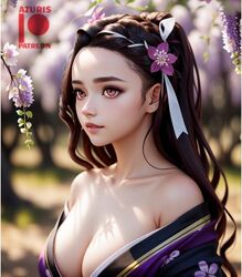  1girls ai_generated anime azuris big_breasts breasts demon demon_slayer female female_only flower highres kamado_nezuko kimetsu_no_yaiba nezuko_kamado presenting shy 