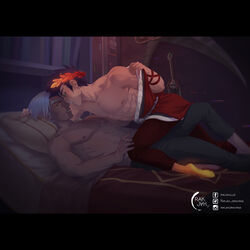  bare_chest bed bedroom canon_couple eye_contact gay hades_(game) happy laurel_crown love male male_only partially_clothed romantic romantic_couple silver_hair smile spicyrakjah thanatos_(hades) twunk undressing wholesome yaoi zagreus 