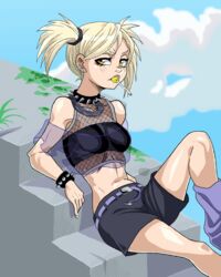  2023 bleach blonde_hair blumper3 curvy curvy_figure ear_piercing female_only hiyori_sarugaki lollipop necklace pale-skinned_female pale_skin punk punk_girl sarugaki_hiyori shiny_skin sitting skin_tight small_breasts twintails yellow_eyes 