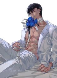  1boy abs black_hair blazer blue_rose choker flower formal green_eyes jujutsu_kaisen light-skinned_male light_skin male male_focus male_only muscular muscular_male open_clothes open_shirt pecs pectorals ribbon ribbon_choker roses sashiyu scar sitting solo toji_fushiguro wet wet_hair wet_skin white_shirt 