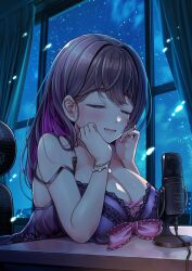  absurdres babydoll blush bracelet breast_rest breasts chair cleavage closed_eyes commentary_request curtains dark desk female hair_between_eyes highres jewelry large_breasts long_hair microphone night oomune_tayuyu open_mouth purple_babydoll purple_hair sidelocks sitting solo star_(sky) strap_slip tama_project v-mag window 