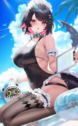  :o alternate_costume arm_strap bare_shoulders black_hair black_one-piece_swimsuit black_thighhighs blush breasts clipboard cloud covered_navel cumulonimbus_cloud day ellen_joe fantongjun female fins fish_tail hair_ornament hairclip highres holding holding_clipboard innertube kneeling large_breasts looking_at_viewer maid_headdress multicolored_hair one-piece_swimsuit open_mouth outdoors pink_hair red_eyes shark_tail solo swim_ring swimsuit tail thighhighs thighs two-tone_hair zenless_zone_zero 