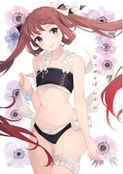  alternate_costume asagumo_(kancolle) bikini black_bikini brown_eyes brown_hair commentary_request cowboy_shot female flower frilled_bikini frills hair_rings highres kantai_collection lace_garter_belt long_hair looking_at_viewer shakemi_(sake_mgmgmg) simple_background smile solo swimsuit translation_request twintails white_background 