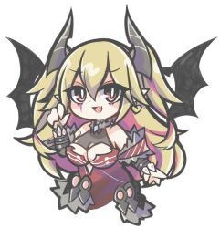  bare_shoulders black_wings blonde_hair breasts chibi cleavage cowboy_shot demon_girl demon_horns demon_wings dress duel_monster earrings facial_mark heart heart_earrings highres horns jewelry lacrima_the_scarlet_sorrow large_breasts long_hair multicolored_hair oquri pink_hair pointy_ears red_dress simple_background two-tone_hair two_side_up white_background wings yu-gi-oh! 