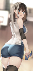  ass ball black_hair blue_eyes blurry blurry_background breasts commentary_request elbow_sleeve female from_behind highres holding holding_ball kureha_(ironika) medium_hair original pantylines short_shorts shorts sleeveless solo sportswear sweat thighhighs thighs tsubasa_(kureha) volleyball volleyball_(object) volleyball_uniform 