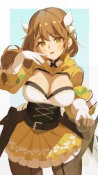  blush braid breasts brown_hair cleavage corset female fire_emblem fire_emblem_engage gbbgb321 gloves goldmary_(fire_emblem) hair_ribbon highres large_breasts long_hair looking_at_viewer mole mole_on_breast open_mouth parted_lips ribbon skirt solo sword weapon white_gloves white_ribbon yellow_eyes 