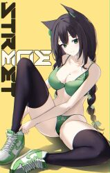  absurdres animal_ears ass bare_arms bare_shoulders between_legs black_hair black_thighhighs bow bra braid breasts cleavage closed_mouth collarbone commission female green_bra green_eyes green_footwear green_panties hairbow hand_between_legs highres indie_virtual_youtuber kitsunya_(vtuber) knee_up large_breasts long_hair looking_at_viewer mole mole_under_eye nike_(company) panties shoes simple_background sitting skeb_commission smile sneakers solo steeb stomach string_bra string_panties thighhighs thighs twin_braids twintails underwear underwear_only virtual_youtuber yellow_background 