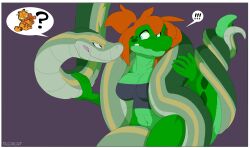  alligator alligatorid anthro big_tail bra breasts clothed clothing coiling crocodilian digital_media_(artwork) duo female feral fingers garfield_(series) garfield_the_cat green_body hair hi_res kendra_(foursquaredsixteen) male male/female mammal navel orange_hair plushie reptile scalie shakash_(shakash) simple_background snake tacokurt tail teddy_bear underwear 