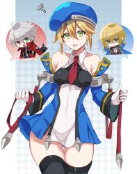  2boys beret black_thighhighs blazblue blonde_hair breasts detached_sleeves dress female gloves green_eyes hat highres impossible_clothes impossible_dress jin_kisaragi long_hair multiple_boys noel_vermillion ragna_the_bloodedge short_hair small_breasts thighhighs uniform weapon white_gloves yuyuhi_gm 