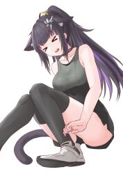  &gt;_&lt; animal_ear_fluff animal_ears arknights bare_arms bare_shoulders black_hair black_skirt black_thighhighs closed_eyes collarbone commentary_request facing_viewer female fingernails green_tank_top grey_footwear high-waist_skirt highres jessica_(arknights) jessica_the_liberated_(arknights) knees_together_feet_apart long_hair miniskirt multicolored_hair nail_polish neti_(cpu11151) open_mouth pink_nails purple_hair purple_tail shoe_soles shoes simple_background skirt solo streaked_hair tail tank_top thighhighs variant_set white_background 