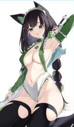  absurdres animal_ears arm_behind_head arm_up armpits bare_shoulders black_hair black_thighhighs braid breasts choker chromatic_aberration claymore_(sword) cleavage clover commission female four-leaf_clover frilled_choker frilled_sleeves frills green_choker green_eyes green_sleeves hair_ornament hairclip headdress highleg highres holding holding_sword holding_weapon indie_virtual_youtuber jewelry kitsunya_(vtuber) large_breasts long_hair long_sleeves looking_at_viewer navel necklace no_bra parted_lips revealing_clothes simple_background sitting skeb_commission solo steeb stomach sword thighhighs thighs twin_braids twintails very_long_hair virtual_youtuber wariza weapon white_background x_hair_ornament 