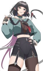  absurdres anoreika_tomoe aqua_eyes aqua_jacket black_gloves black_hair black_shorts blunt_bangs crop_top female fingerless_gloves gloves grin hand_on_own_hip hand_up head_tilt highres jacket jane_doe_(zenless_zone_zero) long_hair long_sleeves looking_at_viewer midriff nail_polish pantyhose purple_nails shorts simple_background single_leg_pantyhose single_thighhigh smile solo thighhighs torn_clothes torn_pantyhose very_long_hair white_background zenless_zone_zero 