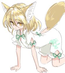  all_fours animal_ears ass back blonde_hair closed_eyes commentary_request corked_bottle female fox_ears fox_girl fox_tail green_ribbons holding holding_test_tube kudamaki_tsukasa medium_hair parted_lips puffy_short_sleeves puffy_sleeves ribbon romper s-a-murai shirt short_sleeves simple_background solo tail test_tube touhou white_background white_romper yellow_tail 