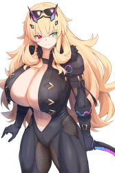  abs barghest_(exhibition_attire)_(fate) barghest_(fate) black_bodysuit black_gloves blonde_hair bodysuit breasts center_opening cleavage dagger fate/grand_order fate_(series) female fur_collar gloves green_eyes heterochromia highres horns huge_breasts kamo_ashi knife long_hair looking_to_the_side muscular muscular_female navel red_eyes solo sunglasses thick_thighs thighs weapon 