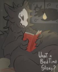  anthro bedtime bedtime_story black_body black_fur black_goo bone book canid canine canis changed_(video_game) fur goo_creature hi_res holding_object lamp looking_at_viewer male mammal mask puro_(changed) shieshuqqq sitting skull skull_head skull_mask smile solo wolf 