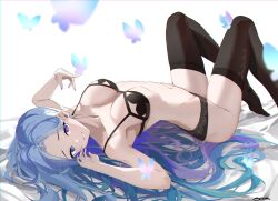  armpits arms_up bare_arms bare_shoulders black_bra black_panties black_thighhighs blue_eyes blue_hair blue_nails bra breasts collarbone commission female fine_fabric_emphasis gradient_hair grin hair_spread_out heterochromia highres indie_virtual_youtuber long_hair looking_at_viewer lying medium_breasts multicolored_hair nail_polish navel no_shoes on_back panties parted_bangs purple_eyes simple_background skeb_commission smile solo steeb stomach strap_gap string_bra thighhighs turning_head underwear underwear_only very_long_hair virtual_youtuber white_background 