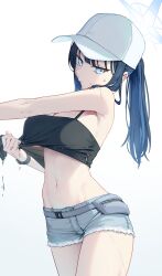  blue_archive blue_eyes blue_hair blue_halo blue_shorts breasts cleavage closed_mouth commentary denim denim_shorts english_commentary female gradient_background grey_background halo hat highres looking_at_viewer medium_breasts medium_hair midriff navel official_alternate_costume penguin_say ponytail saori_(blue_archive) saori_(swimsuit)_(blue_archive) short_shorts shorts solo standing thighs underboob wet wet_clothes white_background white_hat 