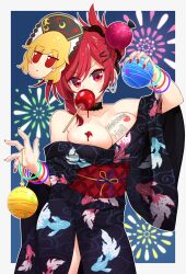  alternate_hairstyle animal_print ball black_choker black_kimono breasts candy_apple choker cleavage cowboy_shot female fireworks fish_print food goldfish_print hecatia_lapislazuli highres holding holding_ball japanese_clothes junko_(touhou) kimono large_breasts looking_at_viewer mask muchin_jousha obi obijime print_kimono red_eyes red_hair red_nails sash solo touhou wide_sleeves yo-yo yukata 