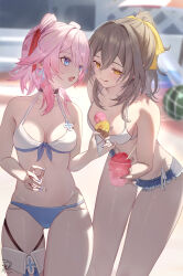  2girls absurdres bare_shoulders bikini black_choker blue_eyes blue_nails breasts choker cleavage cowboy_shot cup cutoffs food grey_hair grey_shorts highres holding holding_cup holding_food holding_ice_cream honkai:_star_rail honkai_(series) ice_cream march_7th_(honkai:_star_rail) medium_hair micro_shorts multiple_girls nail_polish navel open_mouth pink_hair ponytail sazanami_(re_n_rentaro) shaved_ice shorts shuangyaji small_breasts standing stelle_(honkai:_star_rail) stomach swimsuit thighs trailblazer_(honkai:_star_rail) 