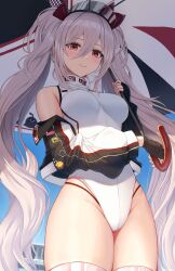  absurdres azur_lane bare_shoulders black_gloves blush breasts buran_(22x) closed_mouth copyright_name cowboy_shot day female fingerless_gloves gloves hair_between_eyes highleg highleg_leotard highres holding holding_umbrella l&#039;audacieux_(azur_lane) l&#039;audacieux_(protector_beneath_the_parasol)_(azur_lane) large_breasts leotard long_hair long_sleeves looking_at_viewer manjuu_(azur_lane) off_shoulder official_alternate_costume outdoors race_queen red_eyes smile thighs twintails umbrella white_hair white_leotard 