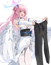  absurdres alternate_costume black_corset black_pants blue_archive blush breasts cleavage commentary corset detached_sleeves dress feathered_wings female halo hands_up highres holding_pants large_breasts leviathan_(hikinito0902) long_hair looking_at_object low_wings mika_(blue_archive) open_mouth pants pantyhose pink_hair pink_halo simple_background smile solo strapless strapless_dress torn_clothes torn_dress unworn_pants white_background white_dress white_pantyhose white_sleeves white_wings wings yellow_eyes 