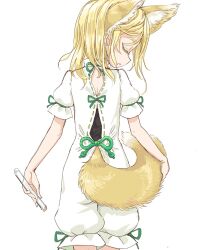  animal_ears ass back black_shirt blonde_hair closed_eyes commentary_request corked_bottle cowboy_shot female fox_ears fox_girl fox_tail green_ribbons holding holding_test_tube kudamaki_tsukasa medium_hair parted_lips puffy_short_sleeves puffy_sleeves ribbon romper s-a-murai shirt short_sleeves simple_background solo tail test_tube touhou undershirt white_background white_romper yellow_tail 